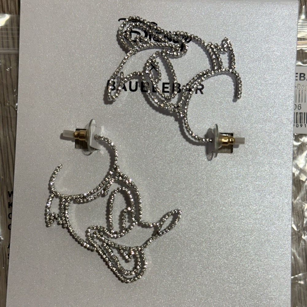New Disney Donald Duck Silver Rhinestone BaubleBar Outline Earrings